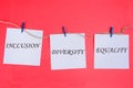 Inclusion Diversity Equality words on white notes Royalty Free Stock Photo