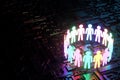 Inclusion, a working group of five multi-colored icons of a human worker on a dark background. team building, cultural diversity,