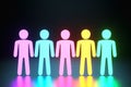 Inclusion, a working group of five multi-colored icons of a human worker on a dark background. team building, cultural diversity,