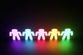 Inclusion, a working group of five multi-colored icons of a human worker on a dark background. team building, cultural diversity,