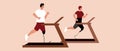 Inclusive couple on treadmill running with prosthesis, Flat vector stock illustration with runners woman and man isolated, Sport