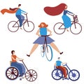 Inclusive cyclists and disabled people in wheelchairs isolated on white background, flat vector stock illustration with set or