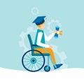 Inclusive education. Disabled student in a wheelchair graduated from high school or university and received a master or