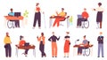 Inclusive multicultural office workers at workplace. Cartoon business people in wheelchair, disabled character at work