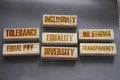 Inclusivity tolerance transparency equality diversity words on wooden blocks. Social concept