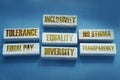 Inclusivity tolerance transparency equality diversity words on wooden blocks. Social concept