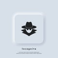 Incognito icon. Incognito logo. Browse in private. Spy agent, secret agent, hacker. Vector. UI icon. Neumorphic UI UX white user