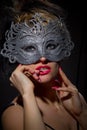 Incognito woman in ancient style mask Royalty Free Stock Photo