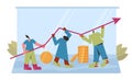 Income concept. Young man and women with money. Three teenagers characters holding arrow. Profit money or budget. Vector