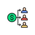 Income distribution, dividend payment, salary, money coin with people color icon