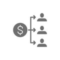 Income distribution, dividend payment, salary, money coin with people grey icon.