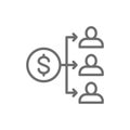 Income distribution, dividend payment, salary, money coin with people line icon.