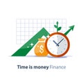 Future investment, time is money, pension fund, superannuation finance, money bag, vector illustration