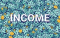 Income illustration and title screen. Single word lying in money