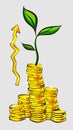 Income increase concept, golden coins stacks with money tree and up pointer, retro style vector illustration