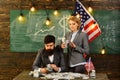 Income planning of budget increase policy. American education reform at school in july 4. bearded man and woman with Royalty Free Stock Photo