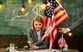 Income planning of budget increase policy. Corruption. American education reform in july 4. Woman with dollar money for Royalty Free Stock Photo