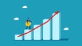 Income or profit from investments. Asset growth concept. Businessman holding big coin climbing on bar graph