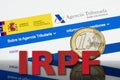 Income Tax Campaign Spain. Euro Coin IRPF web Background. Declaracion de la Renta Macro