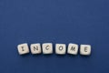 Income word on wooden cubes over blue bacground, top view. Finance concept