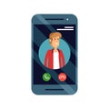 Incoming call concept vector illustration with mobile phone with mal caller ID on screen and accept or decline buttons.