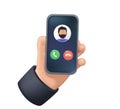 Incoming call on mobile phone. Hand holding smartphone answer and decline buttons on screen. Finger clicking to accept Royalty Free Stock Photo