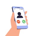 Incoming call on mobile phone. Hand holding smartphone with answer and decline buttons on screen. Finger clicking Royalty Free Stock Photo
