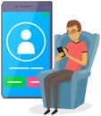 Incoming call on smartphone screen. Guy looks at screen of mobile device with app for communication Royalty Free Stock Photo