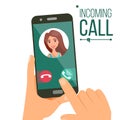 Incoming Call Vector. Woman Face On Mobile Smartphone Screen. Calling Application Interface. Digital Conversation