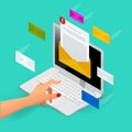 Incoming email isometric vector concept. Receiving messages. Laptop with envelope and document on a screen. Email, email