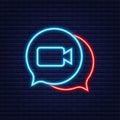 Incoming video call on laptop. Laptop with incoming call, man profile picture and accept decline buttons. Neon icon