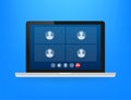 Incoming video call on laptop. Laptop with incoming call, man profile picture and accept decline buttons. Vector stock