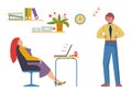 Incompetent worker woman sleep workplace, lazy employee rest work time, male angry boss flat vector illustration