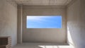 Incomplete concrete interior wall room structure with blue sky view inside of panoramic window frame in house construction site Royalty Free Stock Photo