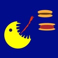 An incomplete moon with sharp teeth and a red tongue is aimed at a burger and hot dog