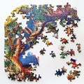 Incomplete puzzle with colorful neurographic design, some pieces connected, others loose on white background