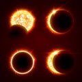 Incomplete and total solar eclipseon on a black background vector illustration set. The Sun in the Shadow of the Moon