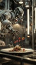 Incorporate unexpected camera angles in a 3Drendered scene of a robotic chef effortlessly creating a complex dish