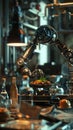 Incorporate unexpected camera angles in a 3Drendered scene of a robotic chef effortlessly creating a complex dish