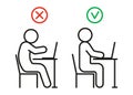 Incorrect curve and correct health posture of sitting on computer. Health preservation rules. Avoid poor posture and