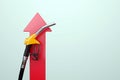 Increase in fuel prices, increase in the cost of gasoline. Gas station pistol on the background of a red arrow. Concept fuel, Royalty Free Stock Photo