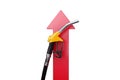 Increase in fuel prices, increase in the cost of gasoline. Gas station pistol on the background of a red arrow. Concept fuel, Royalty Free Stock Photo