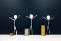 Increase and grow savings and investment, financial contentment concept. Human stick figure with increasing stack of coins.