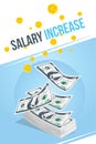 Increase of wages. Banner with bundle of money and icon coins. Vector illustration EPS10