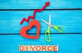 Increased divorce rates. problems of the modern age. the inscription `divorce` and the red up arrow. scissors cut heart. breaking Royalty Free Stock Photo