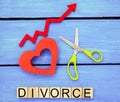 Increased divorce rates. problems of the modern age. the inscription `divorce` and the red up arrow. scissors cut heart. breaking