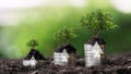 Increasing coins stacking on ground with growing tree and greenery background for money saving and deposit growth from investment Royalty Free Stock Photo