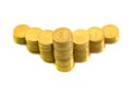 Increasing columns of coins, piles of gold coins arranged as a g