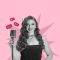 Creative design, artwork of beautiful jazz singer having social media popularity isolated over pink background