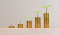 Increasing growth coins stacking with plant , investment profit and dividend money from saving concept by 3d render Royalty Free Stock Photo